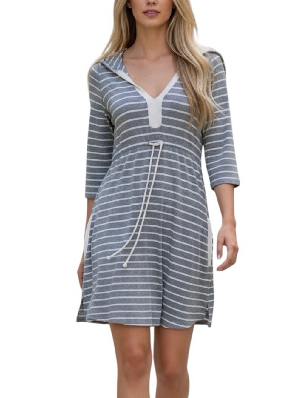 Dakini Gray and White Striped Hooded A-Line Athletic Dress Swim Dress Size Small